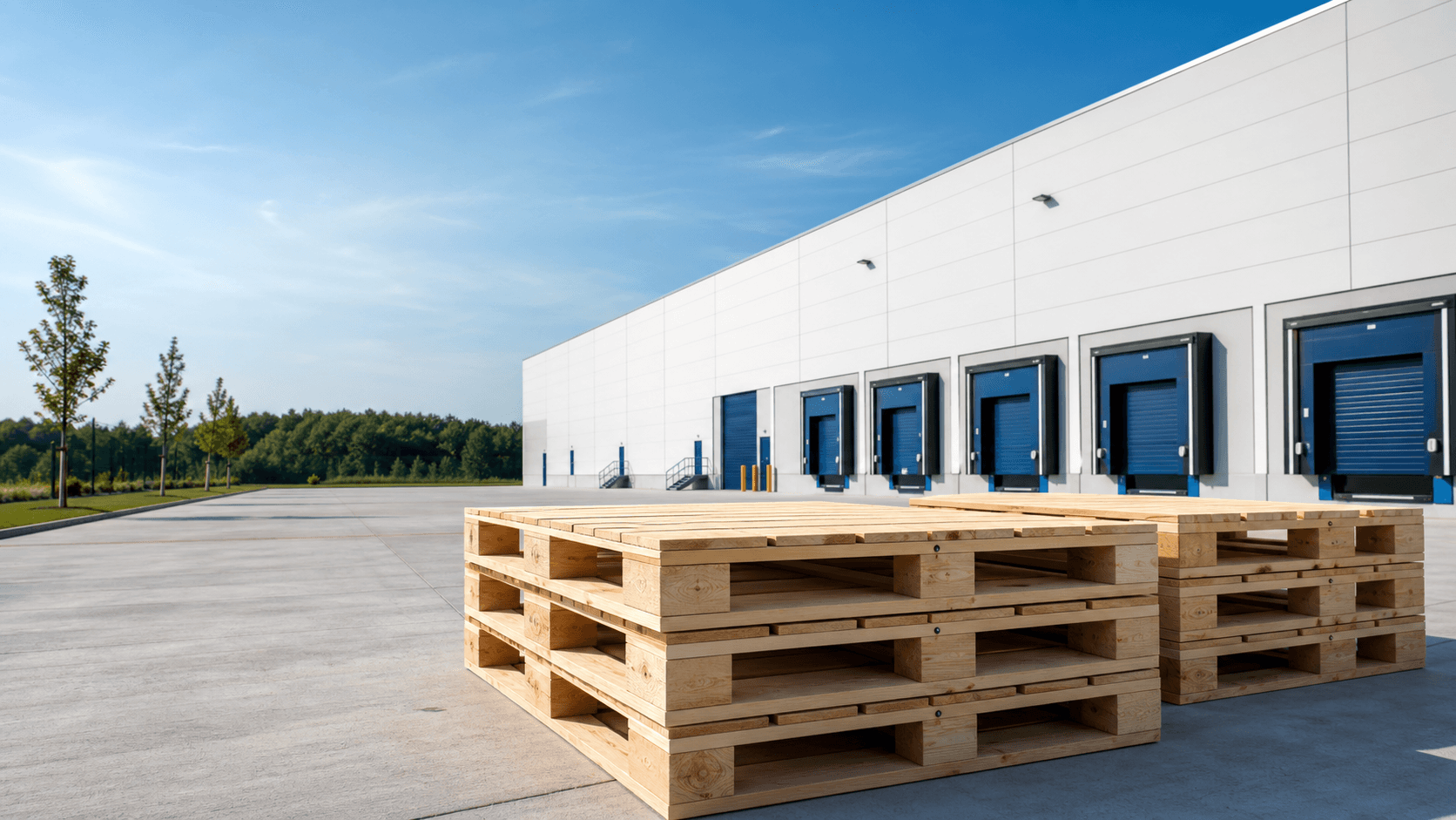 New wooden pallets outside a clean modern distribution facility